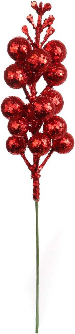 Red Glitter Cluster Berry Pick | 9-Inch | Festive Holiday Decor | Trees, Wreaths, & Garlands | Gift Wrapping | Christmas Berries | Home & Office Decor (Set of 24)